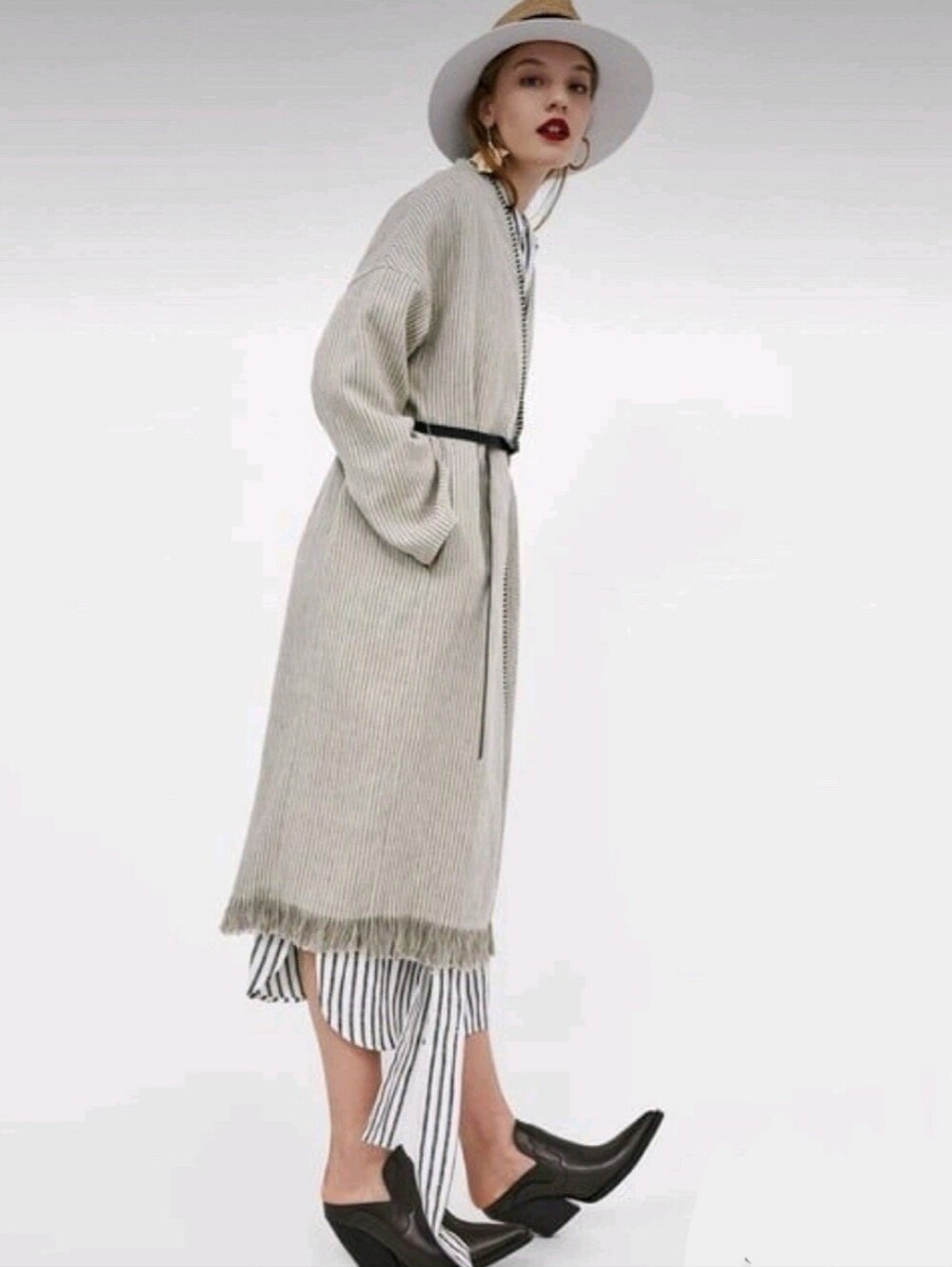 Zara Womens Beige Linen Striped Fringe Trim Hem Midi Duster Wrap Coat Size Large - Picture 2 of 15